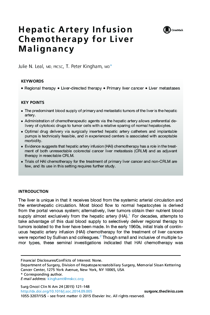 Hepatic Artery Infusion Chemotherapy for Liver Malignancy