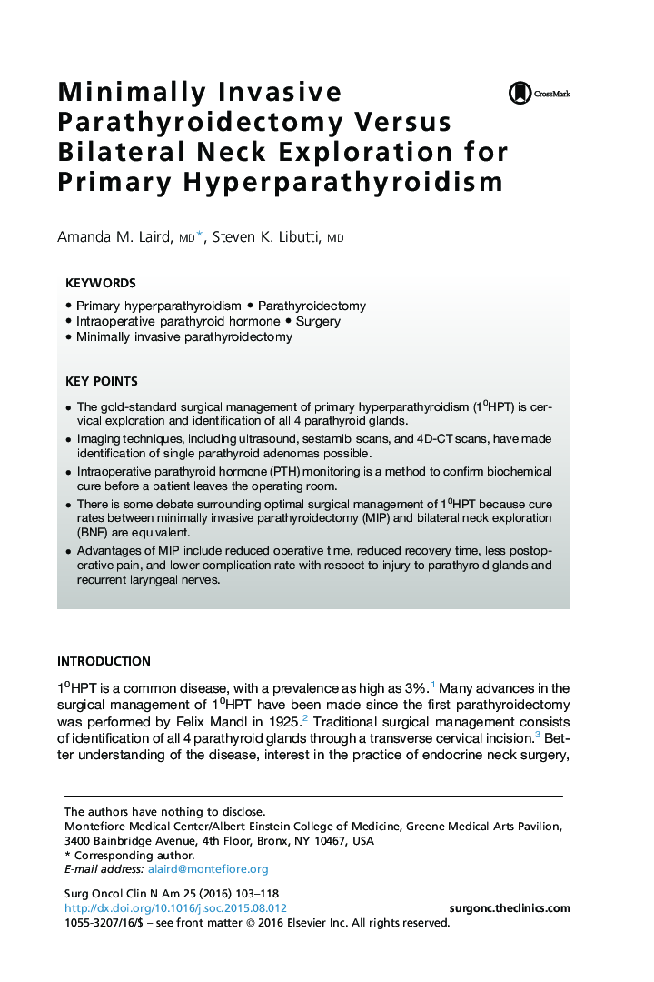 Minimally Invasive Parathyroidectomy Versus Bilateral Neck Exploration for Primary Hyperparathyroidism