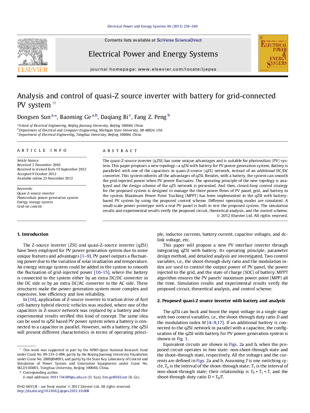 Analysis and control of quasi-Z source inverter with battery for grid-connected PV system 