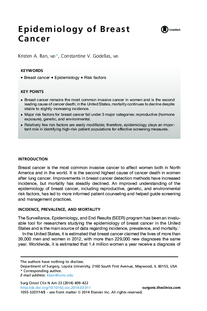 Epidemiology of Breast Cancer