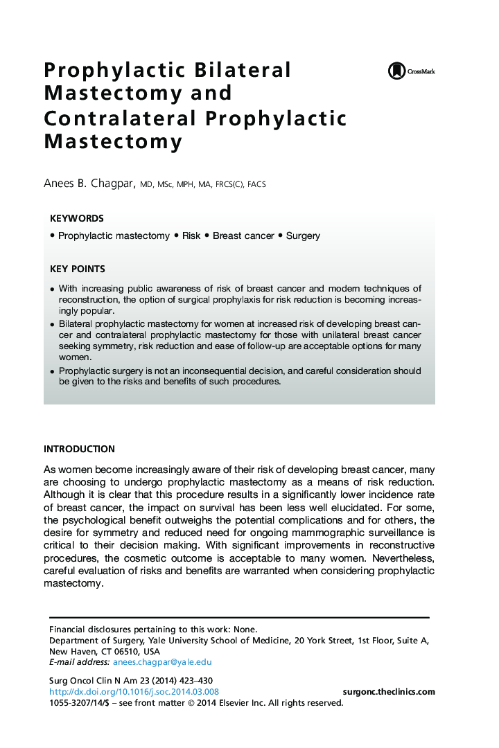 Prophylactic Bilateral Mastectomy and Contralateral Prophylactic Mastectomy