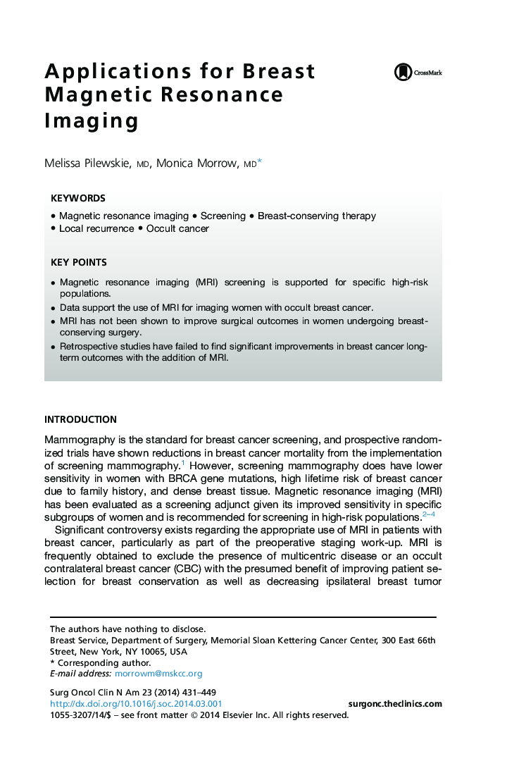 Applications for Breast Magnetic Resonance Imaging