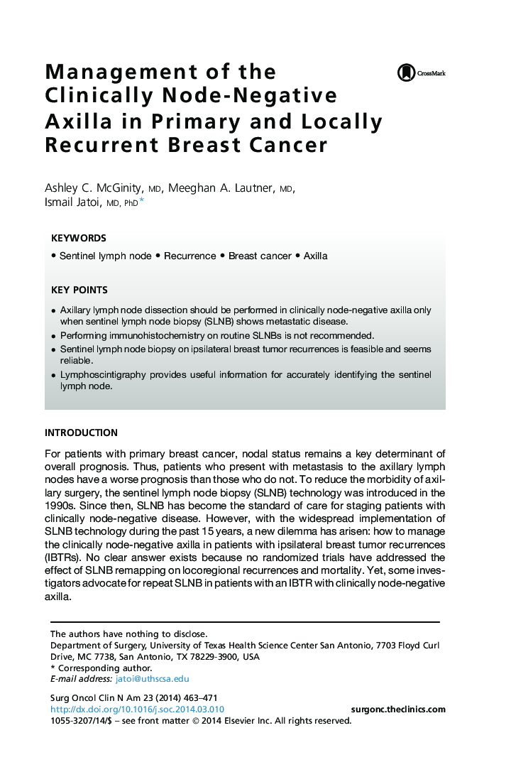 Management of the Clinically Node-Negative Axilla in Primary and Locally Recurrent Breast Cancer