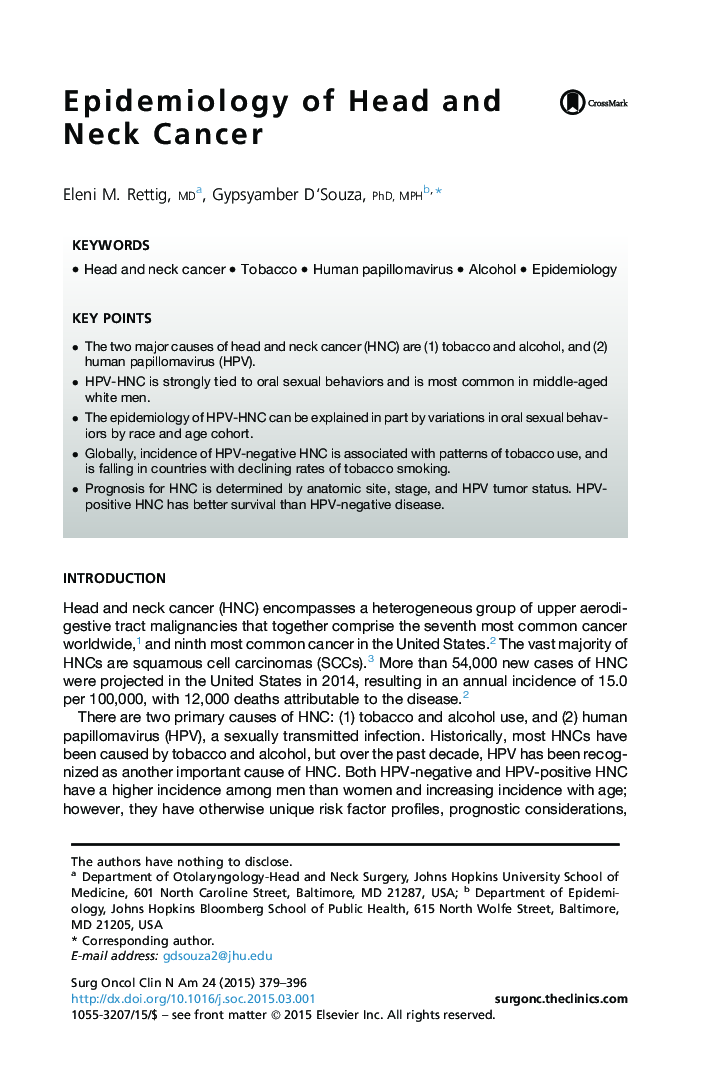 Epidemiology of Head and Neck Cancer