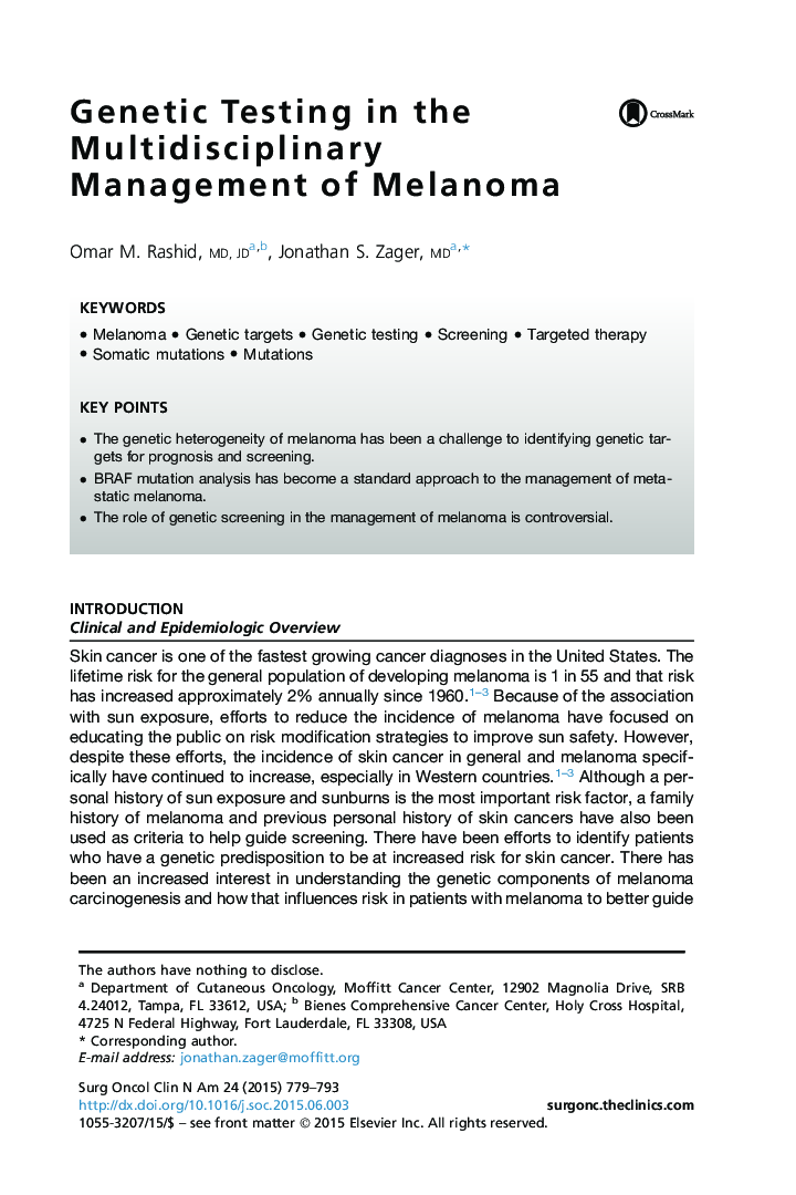 Genetic Testing in the Multidisciplinary Management of Melanoma