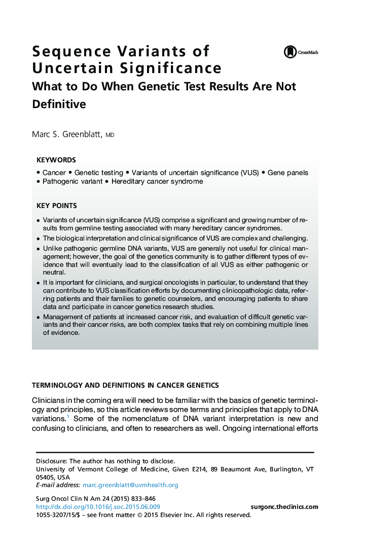 Sequence Variants of Uncertain Significance