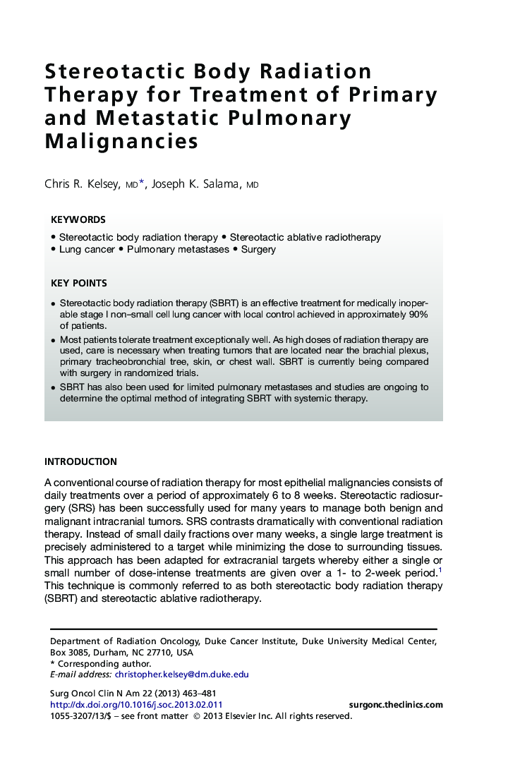 Stereotactic Body Radiation Therapy for Treatment of Primary and Metastatic Pulmonary Malignancies