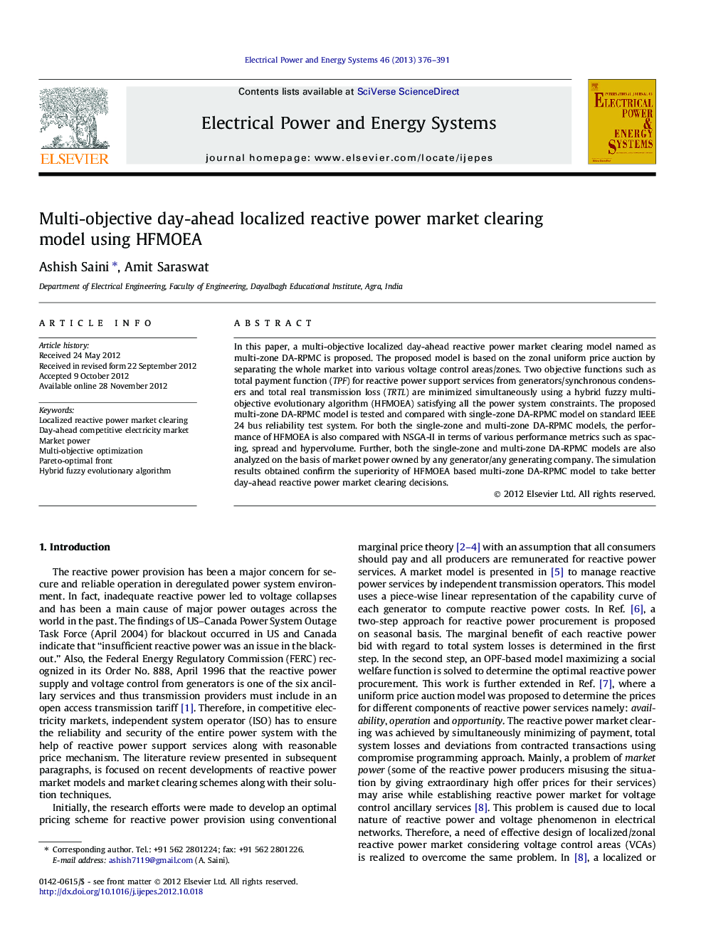 Multi-objective day-ahead localized reactive power market clearing model using HFMOEA