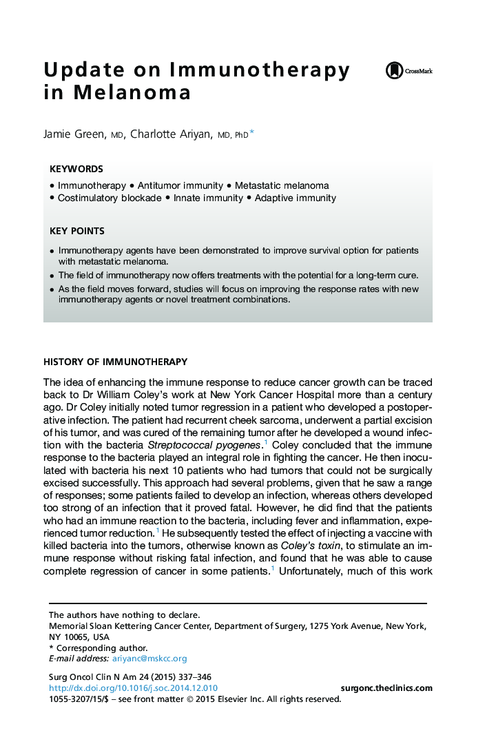 Update on Immunotherapy in Melanoma