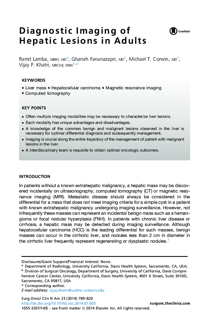 Diagnostic Imaging of Hepatic Lesions in Adults