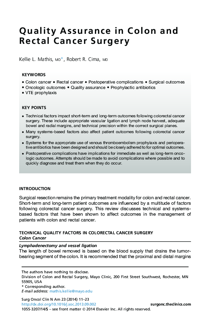 Quality Assurance in Colon and Rectal Cancer Surgery