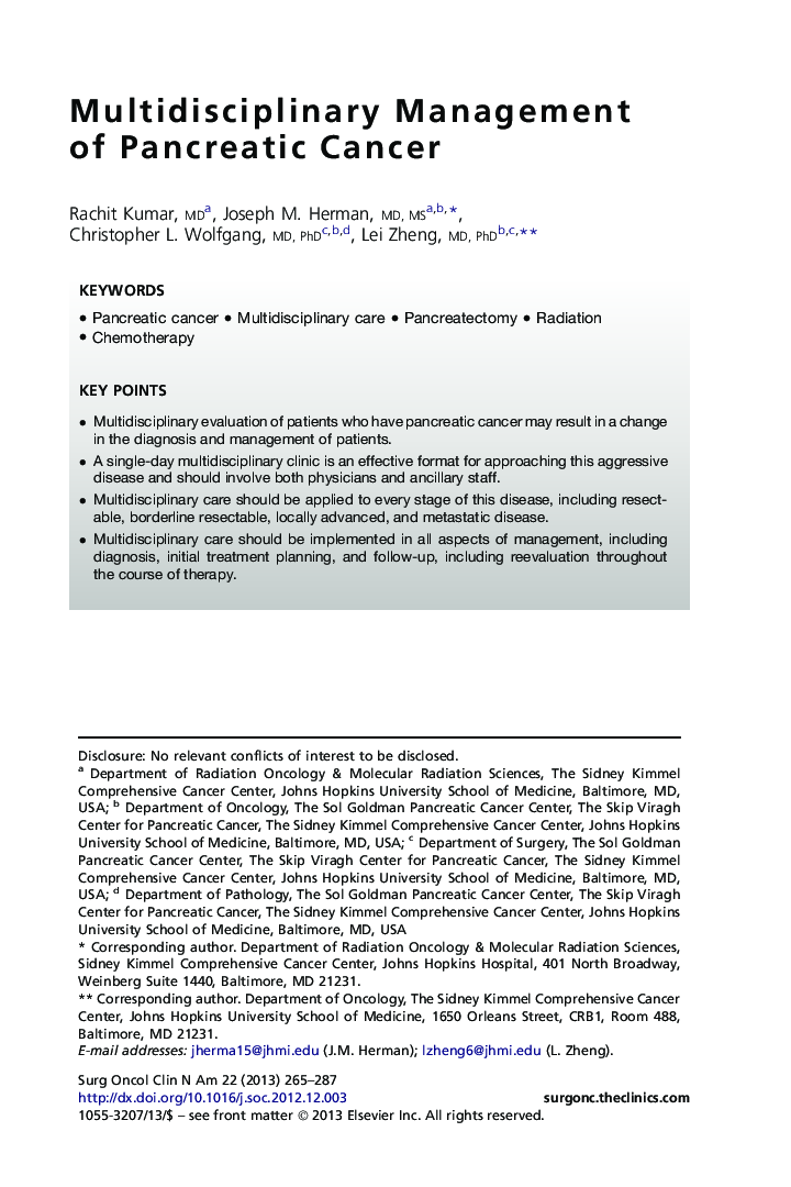 Multidisciplinary Management ofÂ Pancreatic Cancer