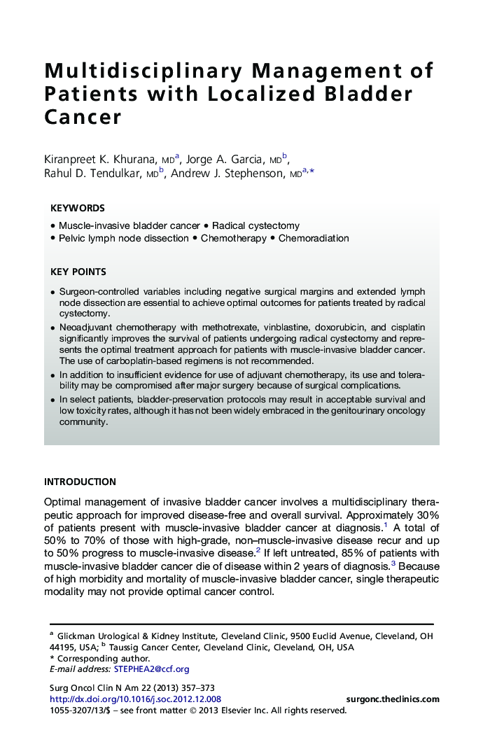 Multidisciplinary Management of Patients with Localized Bladder Cancer