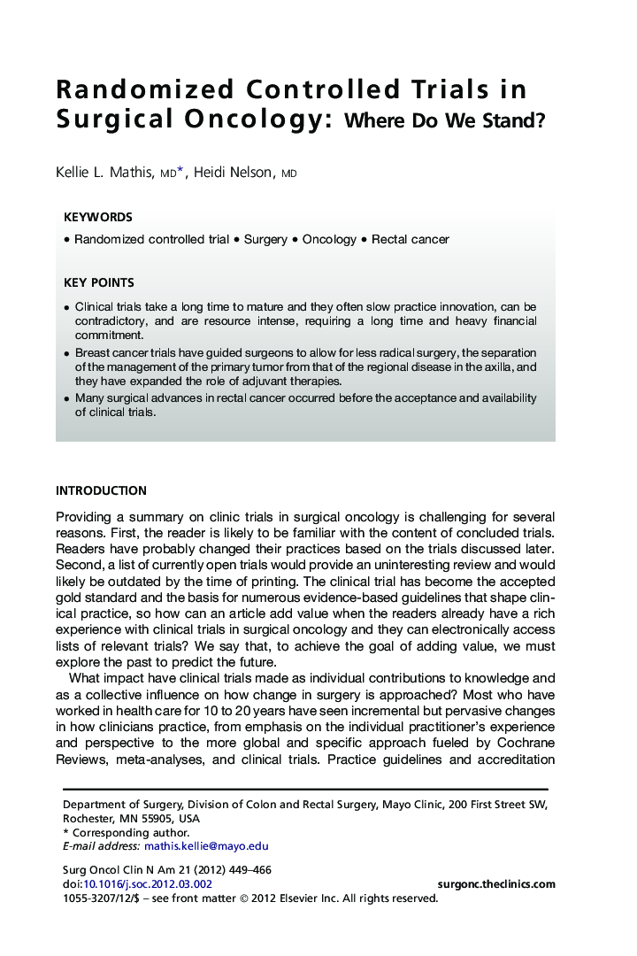 Randomized Controlled Trials in Surgical Oncology: