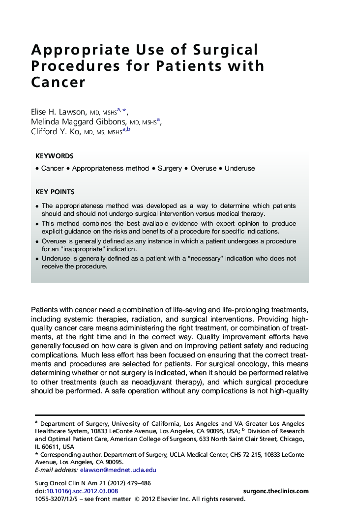 Appropriate Use of Surgical Procedures for Patients with Cancer