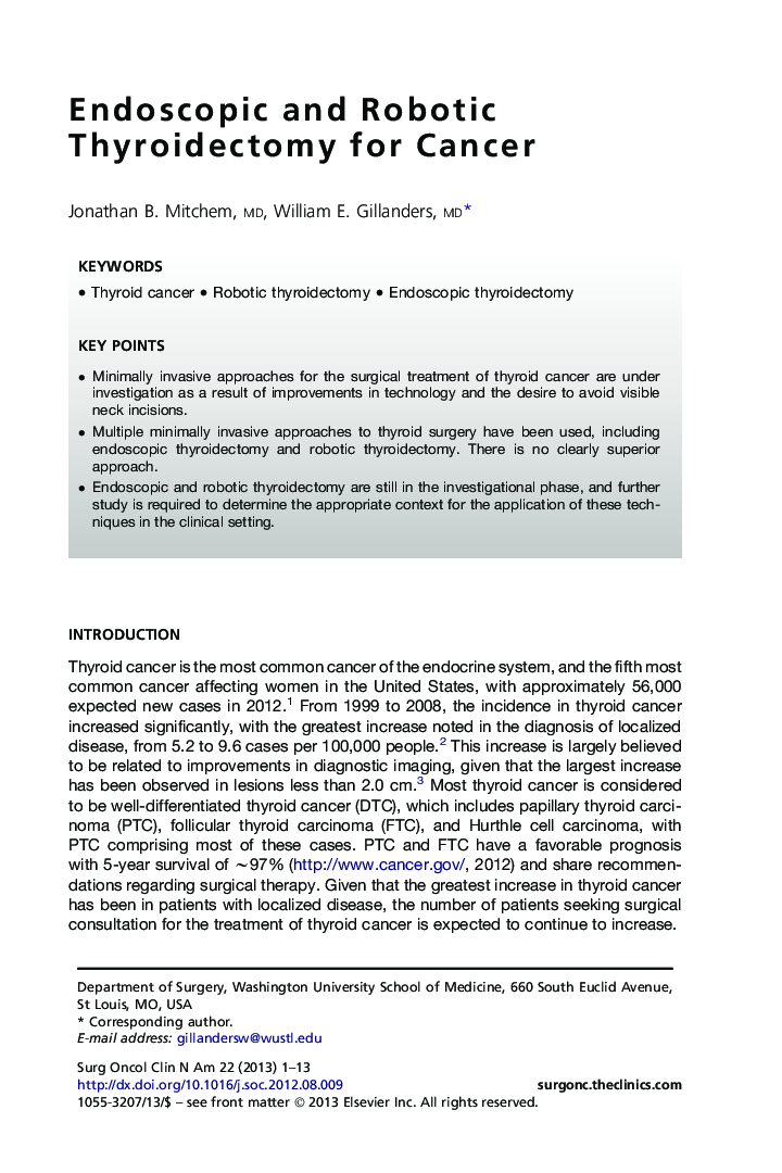 Endoscopic and Robotic Thyroidectomy for Cancer