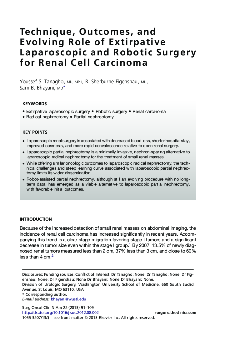 Technique, Outcomes, and Evolving Role of Extirpative Laparoscopic and Robotic Surgery for Renal Cell Carcinoma