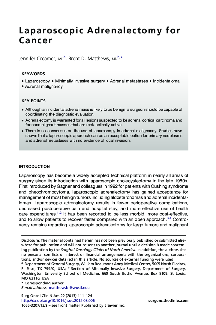 Laparoscopic Adrenalectomy for Cancer