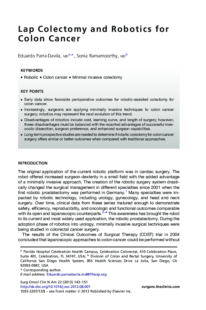 Lap Colectomy and Robotics for Colon Cancer