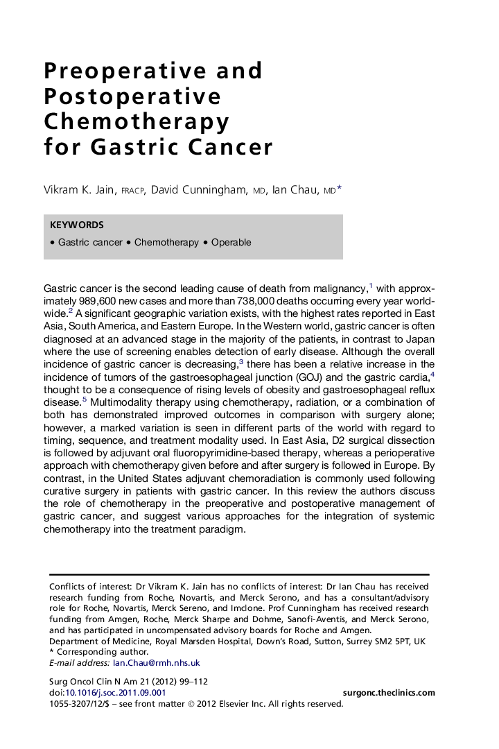 Preoperative and Postoperative Chemotherapy for Gastric Cancer