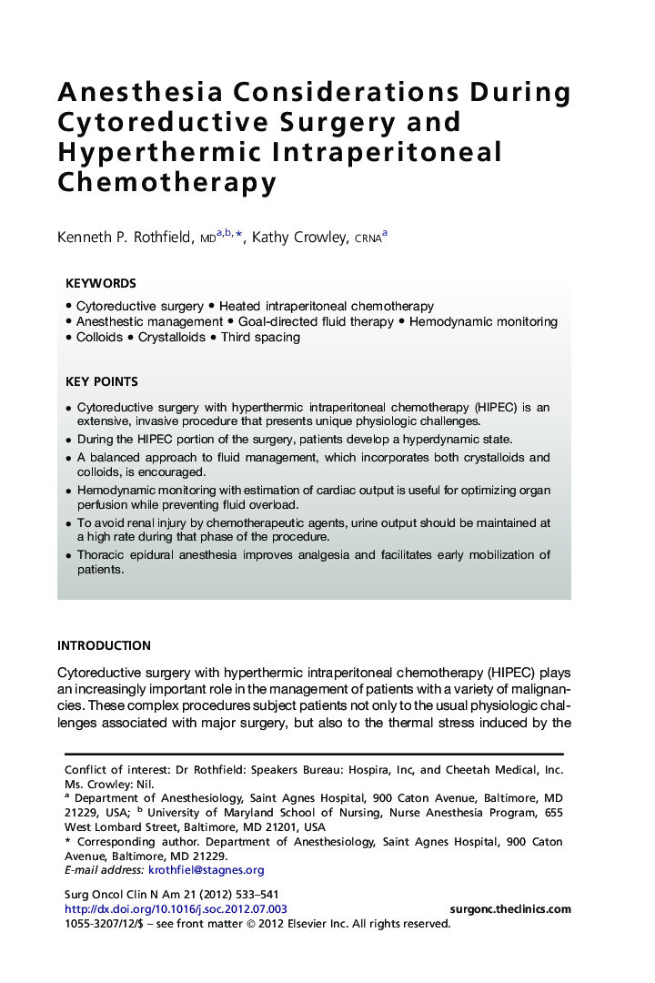 Anesthesia Considerations During Cytoreductive Surgery and Hyperthermic Intraperitoneal Chemotherapy