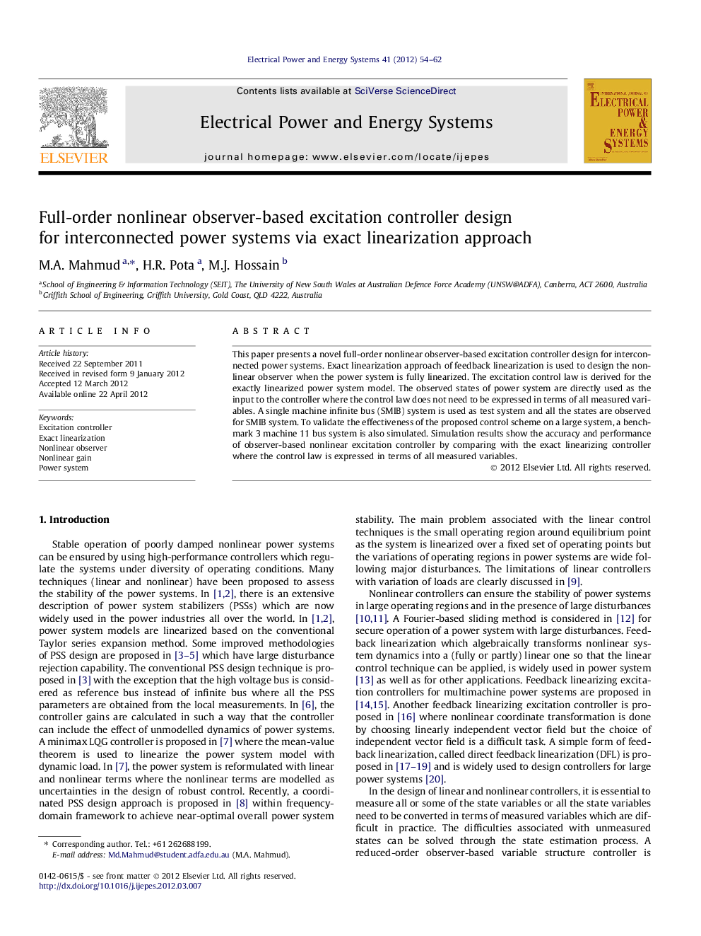 Full-order nonlinear observer-based excitation controller design for interconnected power systems via exact linearization approach