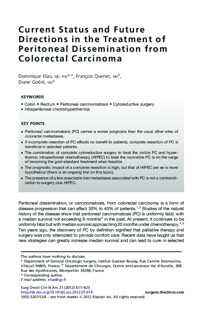 Current Status and Future Directions in the Treatment of Peritoneal Dissemination from Colorectal Carcinoma
