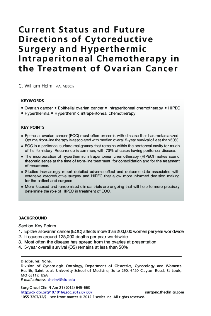 Current Status and Future Directions of Cytoreductive Surgery and Hyperthermic Intraperitoneal Chemotherapy in the Treatment of Ovarian Cancer