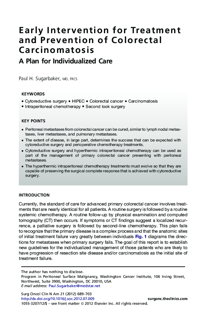 Early Intervention for Treatment and Prevention of Colorectal Carcinomatosis