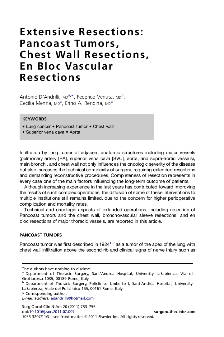 Extensive Resections: Pancoast Tumors, Chest Wall Resections, En Bloc Vascular Resections