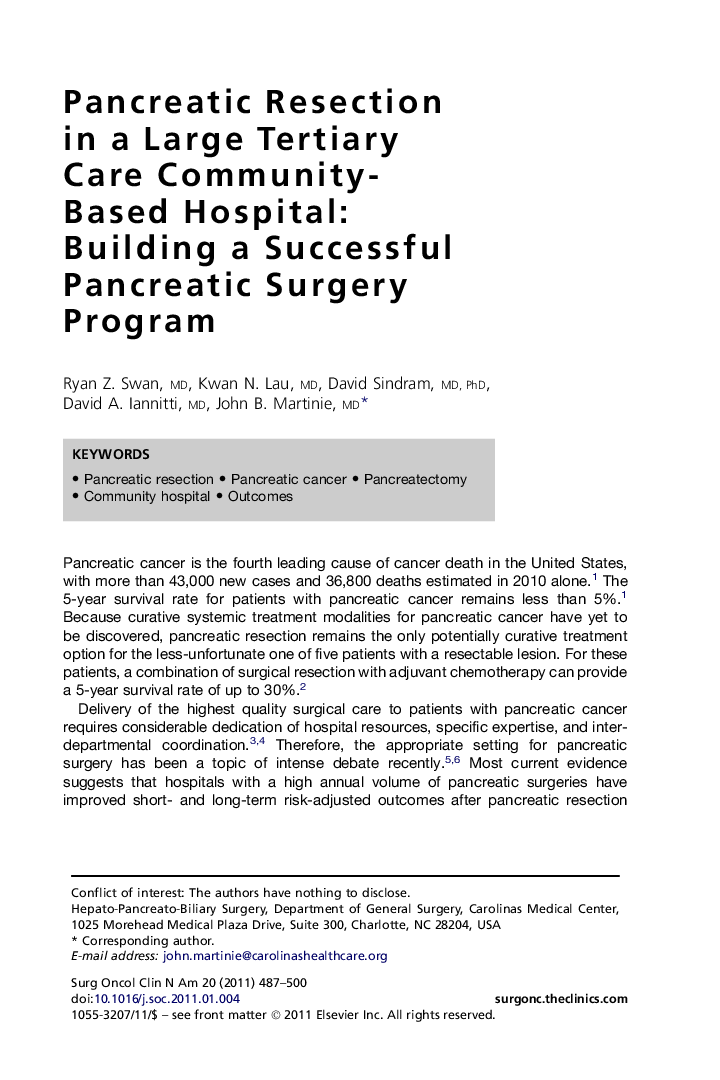 Pancreatic Resection in a Large Tertiary Care Community-Based Hospital: Building a Successful Pancreatic Surgery Program