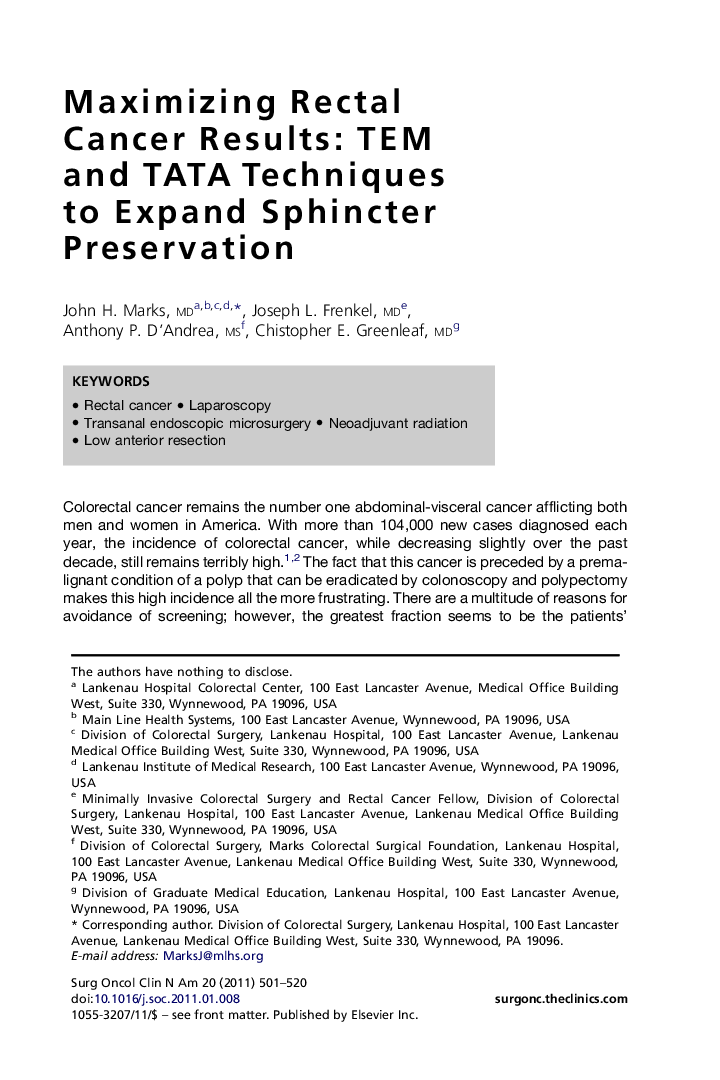 Maximizing Rectal Cancer Results: TEM and TATA Techniques to Expand Sphincter Preservation