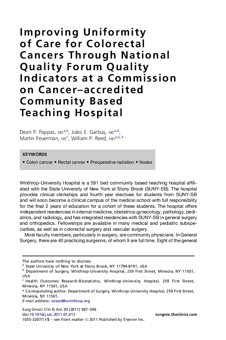 Improving Uniformity of Care for Colorectal Cancers Through National Quality Forum Quality Indicators at a Commission on Cancer-accredited Community Based Teaching Hospital