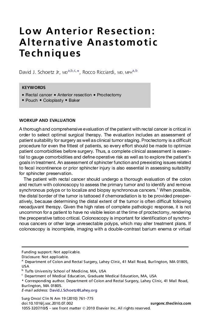 Low Anterior Resection: Alternative Anastomotic Techniques