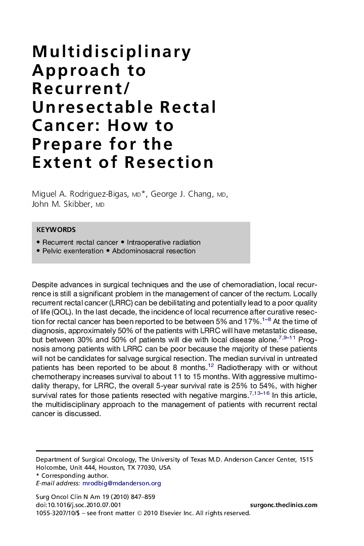 Multidisciplinary Approach to Recurrent/Unresectable Rectal Cancer: How to Prepare for the Extent of Resection