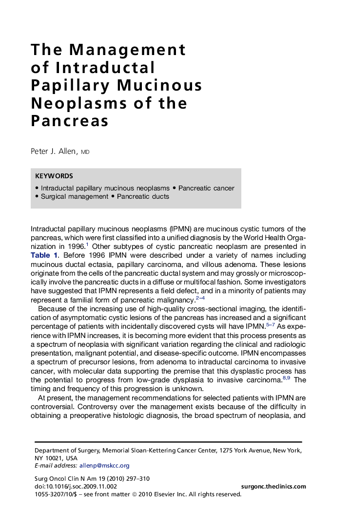 The Management of Intraductal Papillary Mucinous Neoplasms of the Pancreas