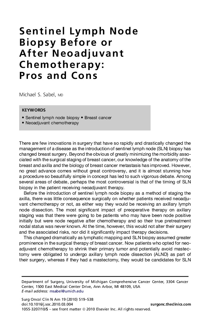 Sentinel Lymph Node Biopsy Before or After Neoadjuvant Chemotherapy: Pros and Cons