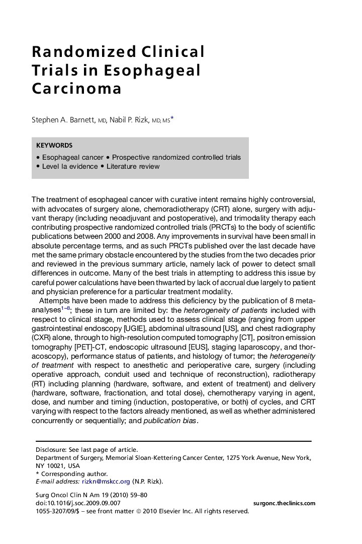 Randomized Clinical Trials in Esophageal Carcinoma