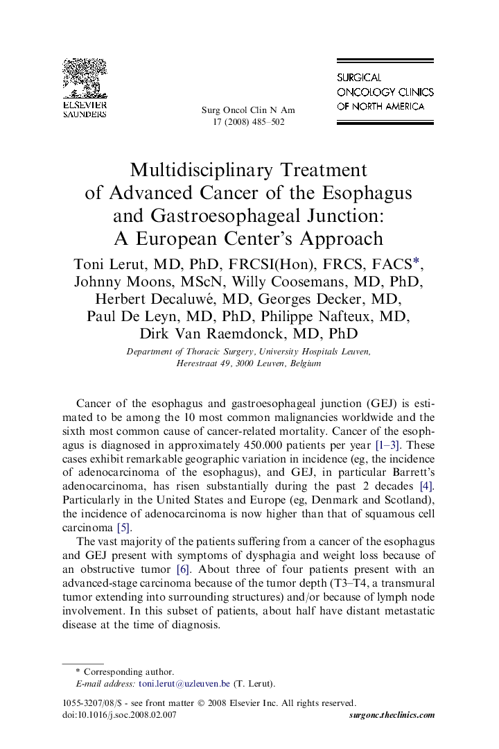 Multidisciplinary Treatment of Advanced Cancer of the Esophagus and Gastroesophageal Junction: A European Center's Approach