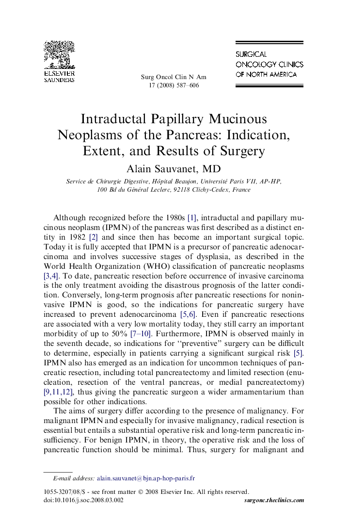 Intraductal Papillary Mucinous Neoplasms of the Pancreas: Indication, Extent, and Results of Surgery