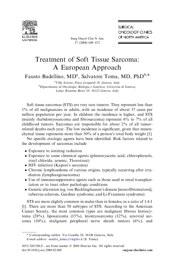 Treatment of Soft Tissue Sarcoma: A European Approach