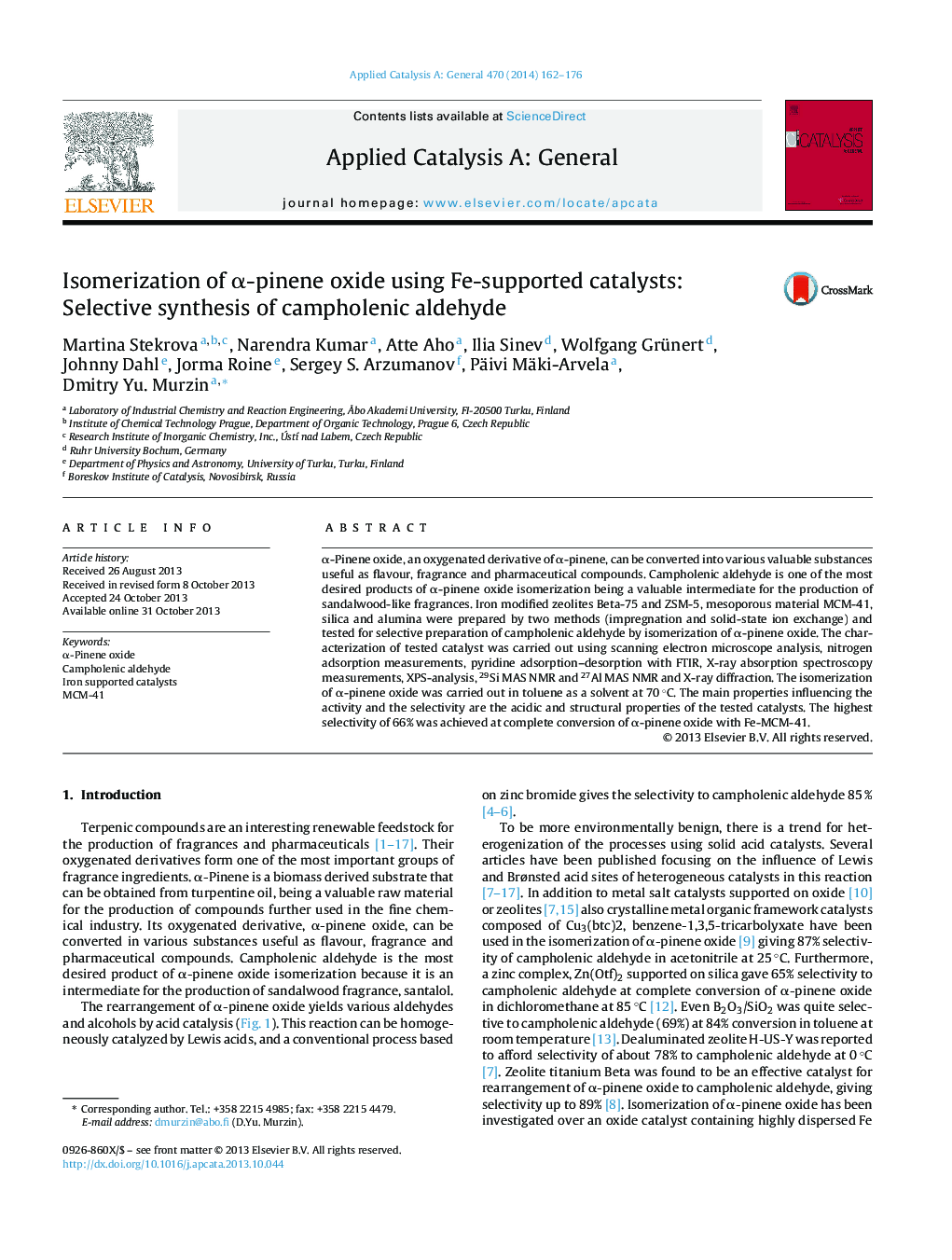 Isomerization of α-pinene oxide using Fe-supported catalysts: Selective synthesis of campholenic aldehyde