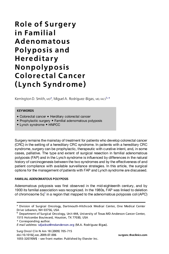Role of Surgery in Familial Adenomatous Polyposis and Hereditary Nonpolyposis Colorectal Cancer (Lynch Syndrome)