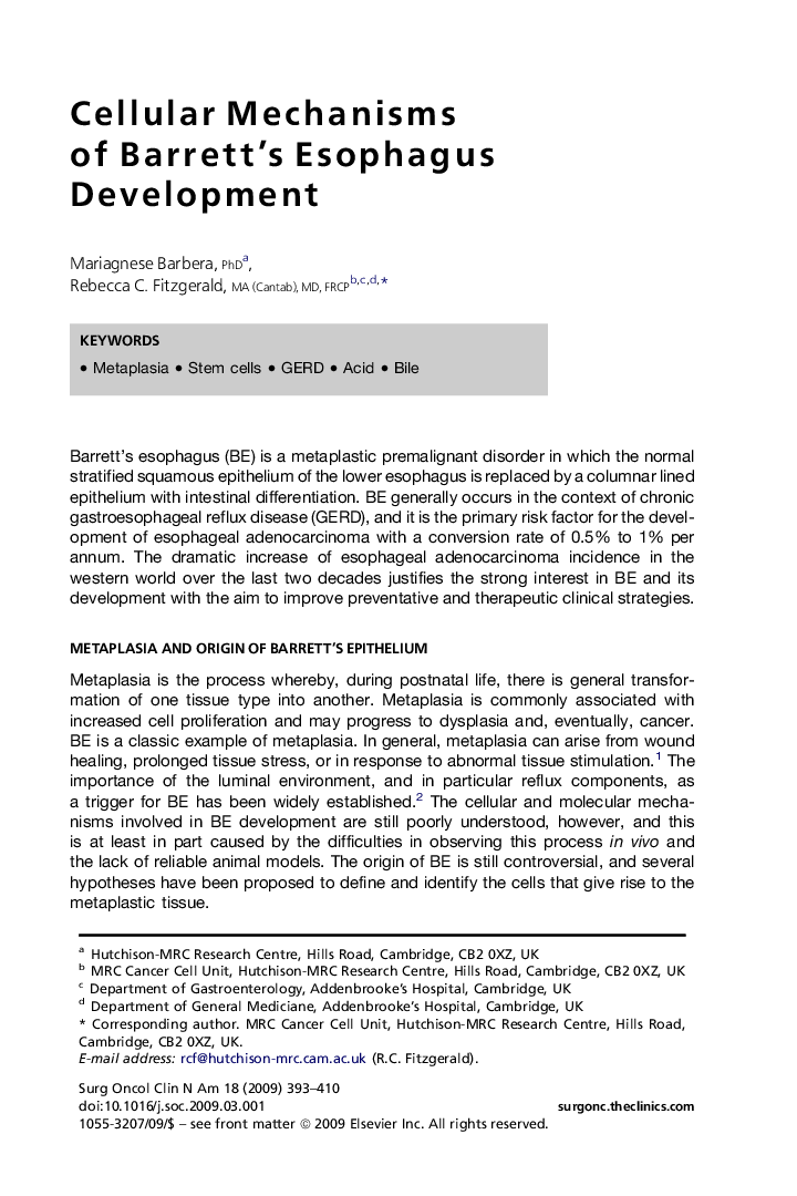 Cellular Mechanisms of Barrett's Esophagus Development