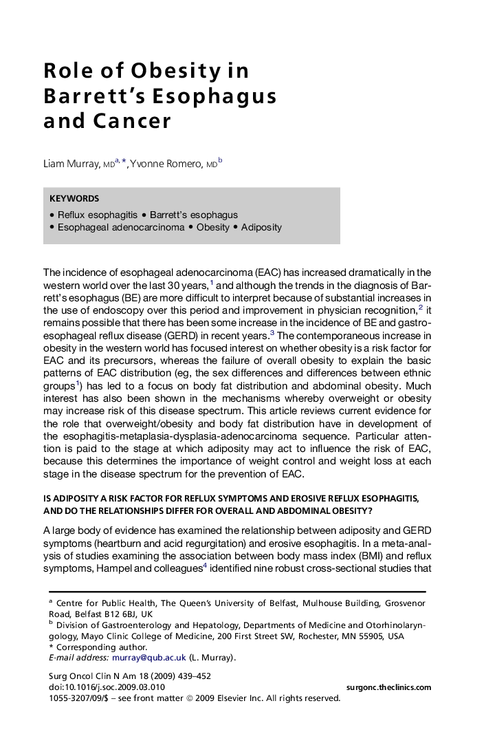 Role of Obesity in Barrett's Esophagus and Cancer
