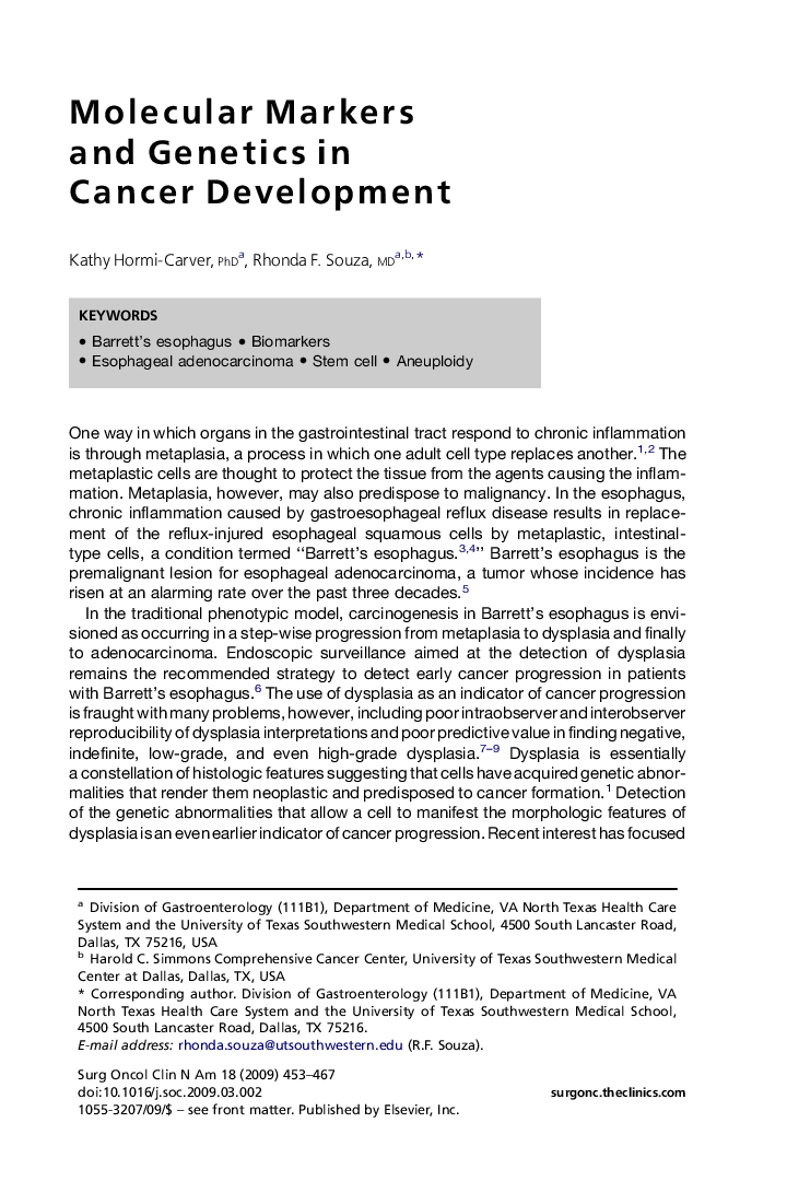 Molecular Markers and Genetics in Cancer Development