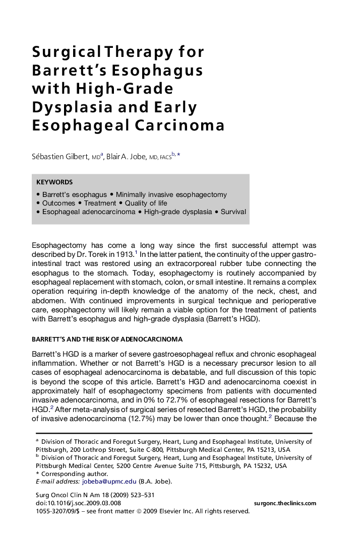 Surgical Therapy for Barrett's Esophagus with High-Grade Dysplasia and Early Esophageal Carcinoma