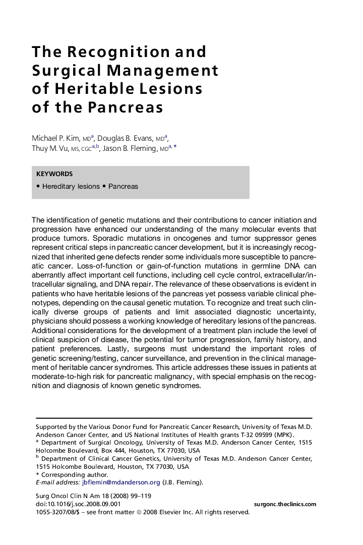 The Recognition and Surgical Management of Heritable Lesions of the Pancreas 