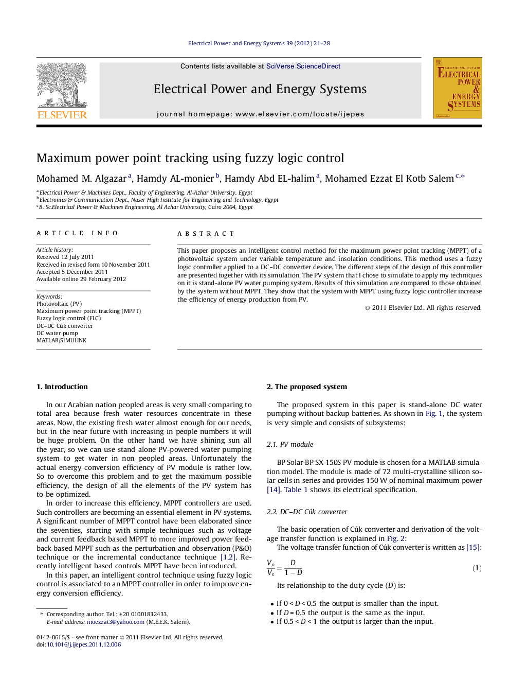 Maximum power point tracking using fuzzy logic control