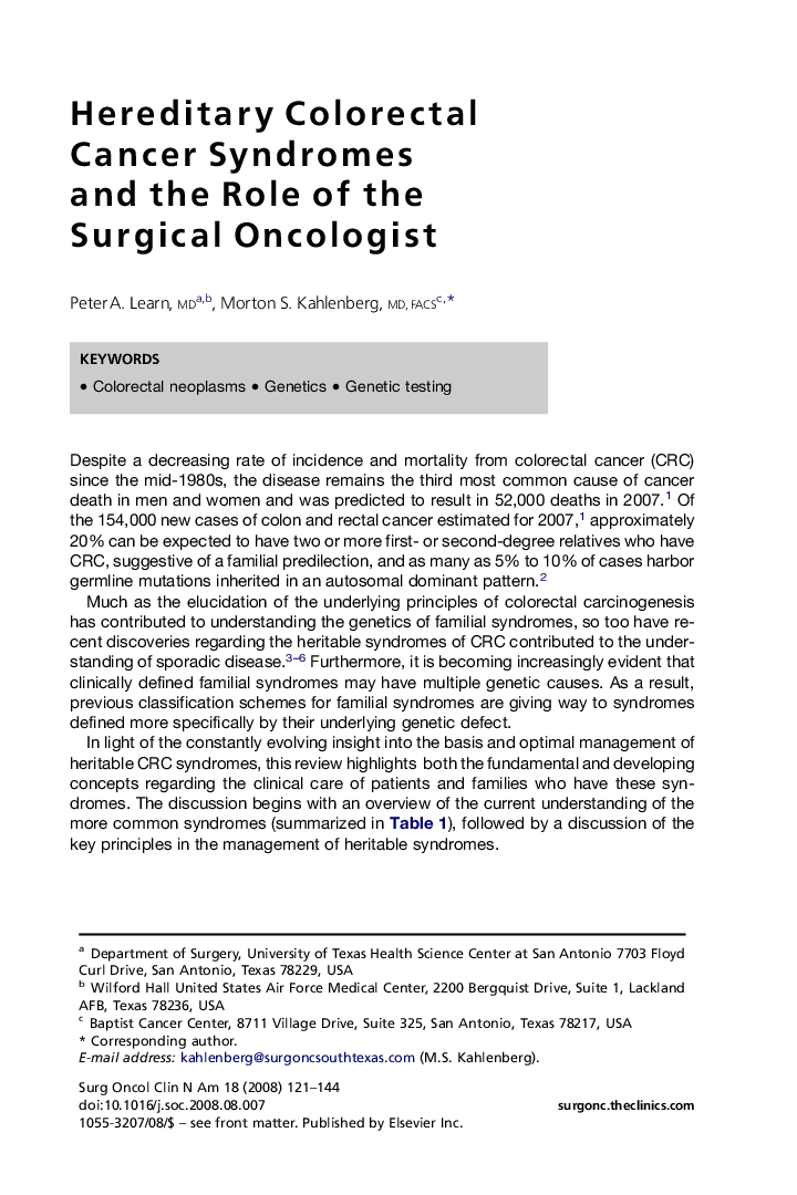 Hereditary Colorectal Cancer Syndromes and the Role of the Surgical Oncologist